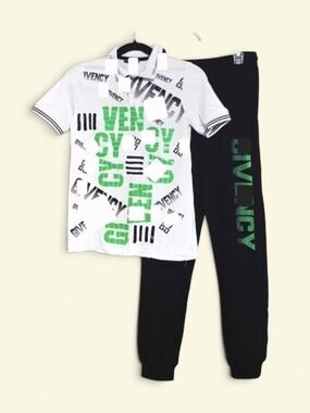 KIDS 2PC OUTFIT SET WHITE GRAPHIC POLO SHIRT BLACK